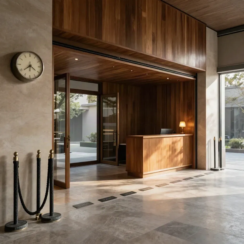Atrio d’ingresso del museo con orologio, transenne e porte aperte verso il cortile.