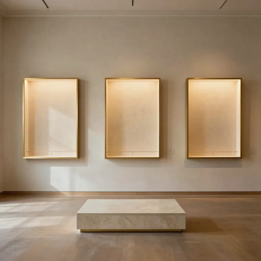 Galleria museale vuota con tre pareti illuminate, piedistallo centrale e cornici dorate.
