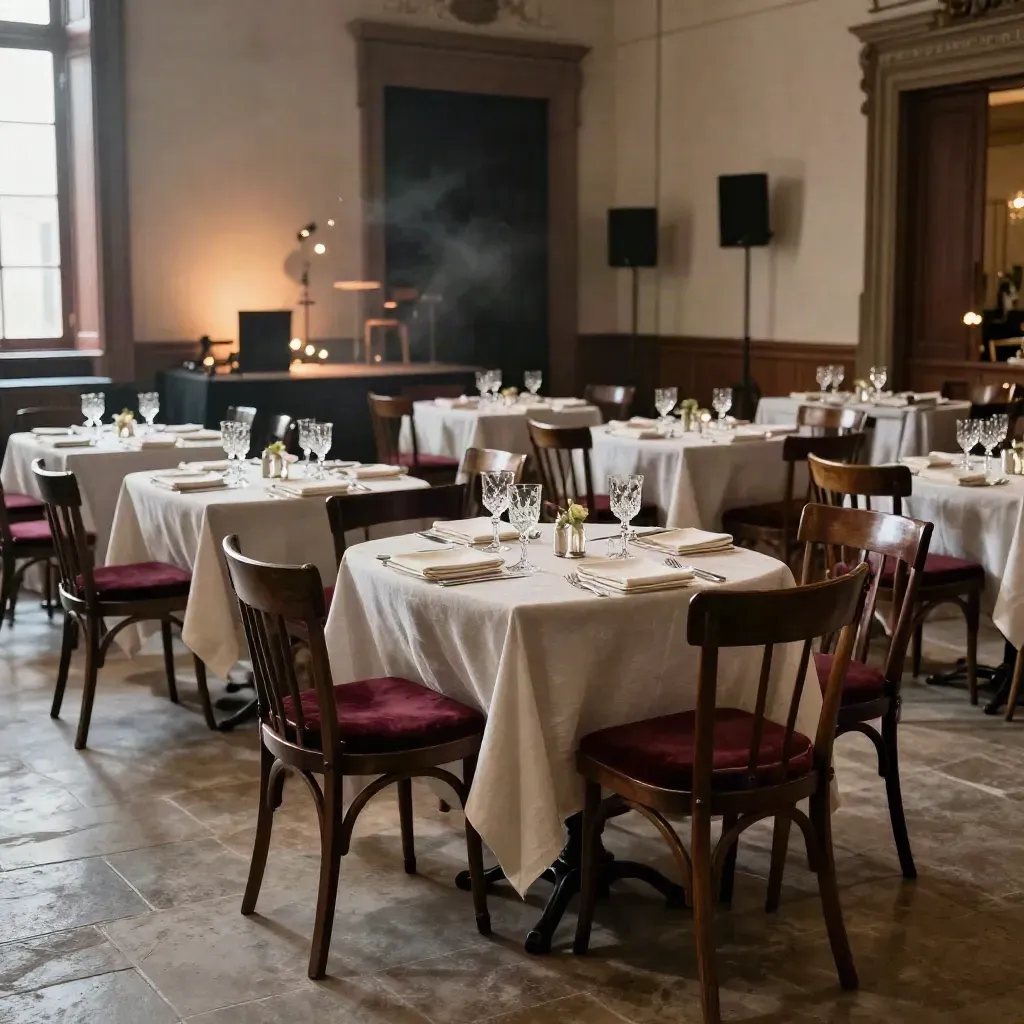 Sala eventi allestita con sedie, tavoli e luci calde, pronta per una serata piena.