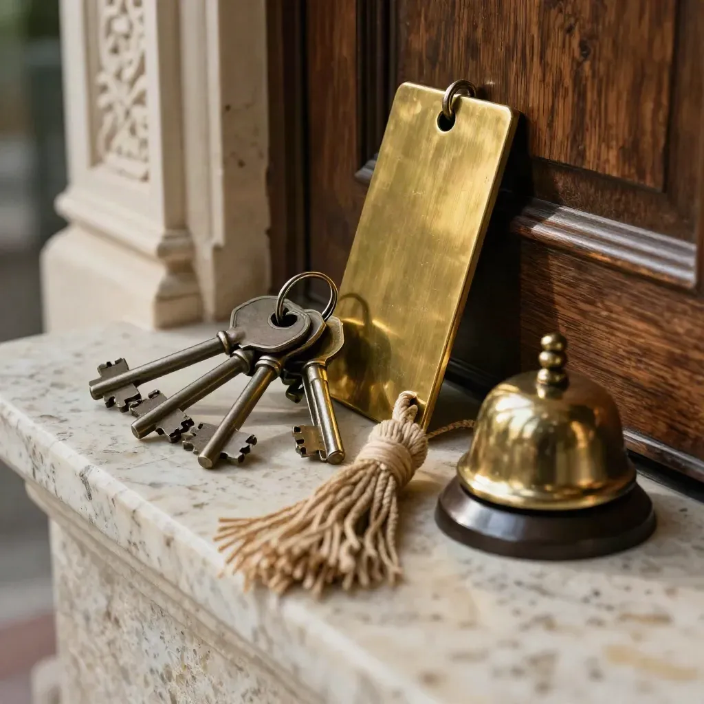 Chiavi in ottone, campanello e nappina su una soglia in travertino di casa museo