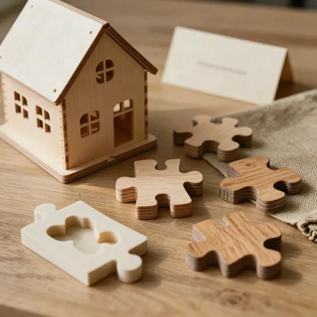 Kit tattile museale con casetta in legno, pezzi puzzle, supporto in foam e campione di tessuto.