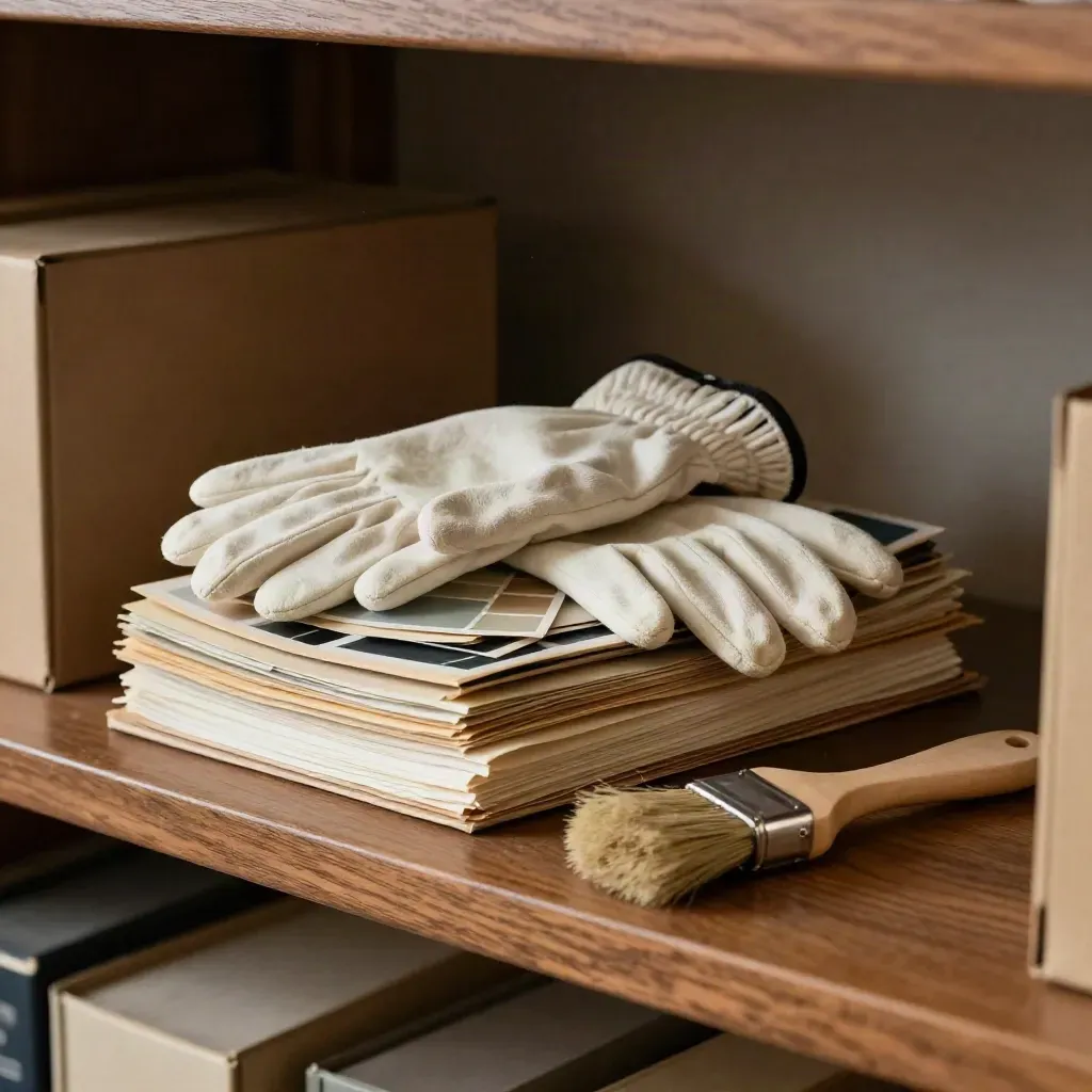 Guanti d’archivio, scatola conservativa, pennello e campioni su scaffale in legno.