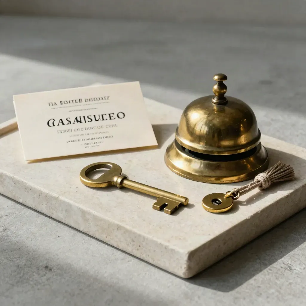 Token d’ingresso, campanello in ottone e tassello corda su vassoio in pietra.