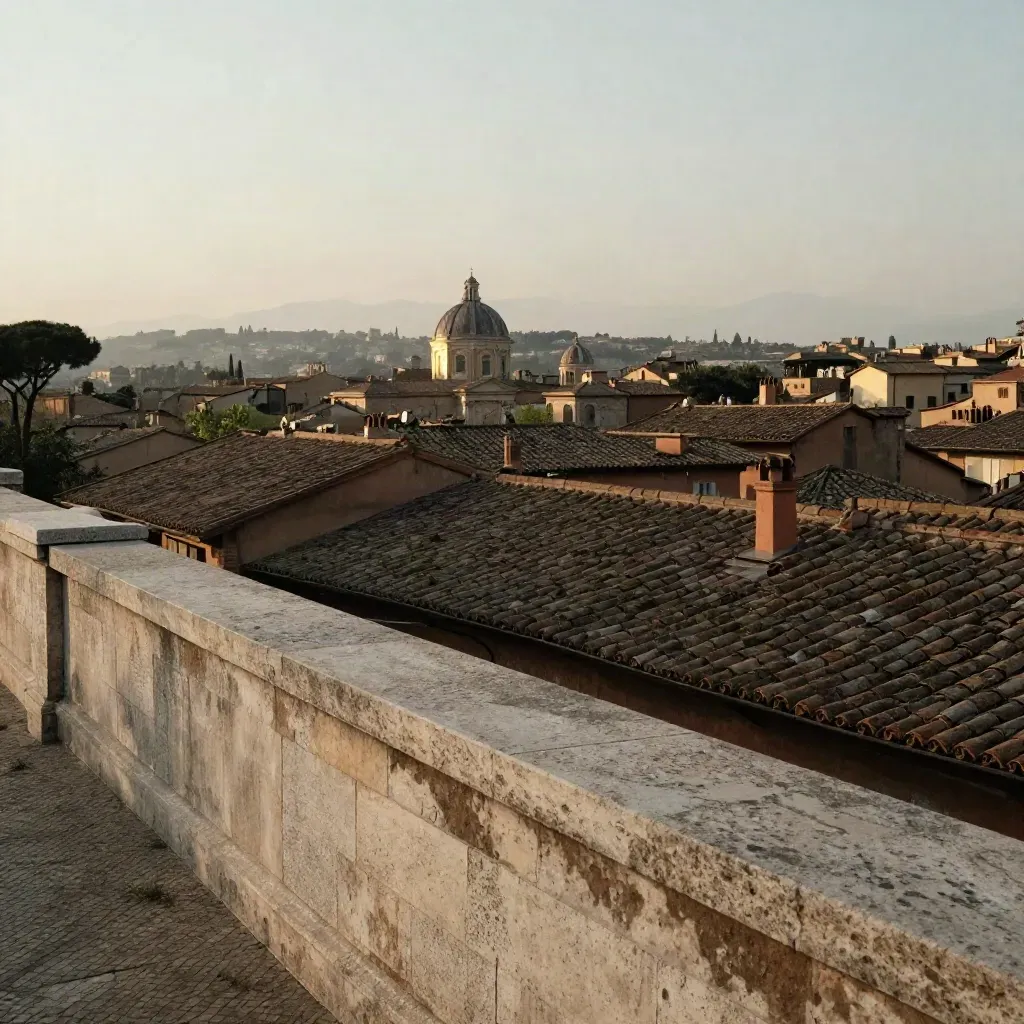 Skyline del Lazio con cupole lontane e tetti in terracotta nella luce calda del pomeriggio