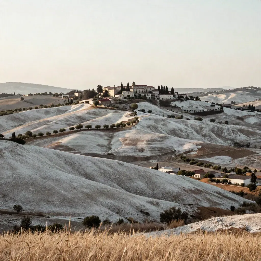 Colline italiane in foschia dorata, borghi di pietra e cielo pallido, con spazio calmo per il titolo.